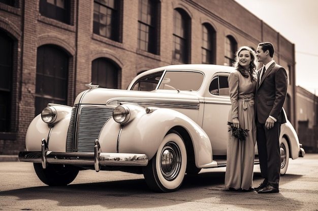 Foto de um casal feliz em frente ao seu carro