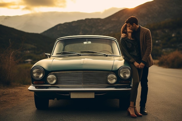 Foto de um casal feliz em frente ao seu carro