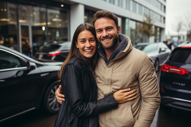 Foto de um casal feliz em frente ao seu carro