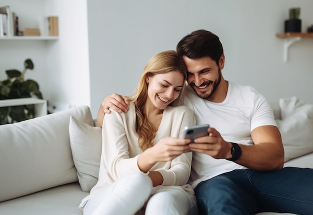 Foto de um casal jovem, um casal idoso usando a internet, um telefone inteligente, um telefone móvel feliz.