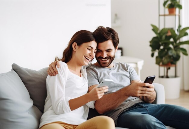 Foto de um casal jovem, um casal idoso usando a internet, um telefone inteligente, um telefone móvel feliz.