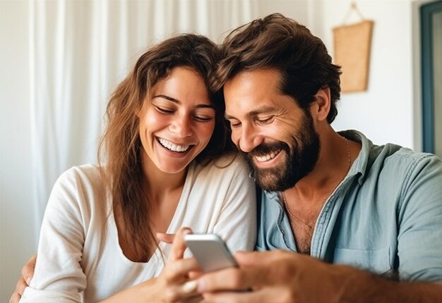 Foto de um casal jovem, um casal idoso usando a internet, um telefone inteligente, um telefone móvel feliz.