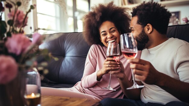 Foto de um casal negro sorridente no sofá bebendo café e desfrutando de uma conversa dentro de casa