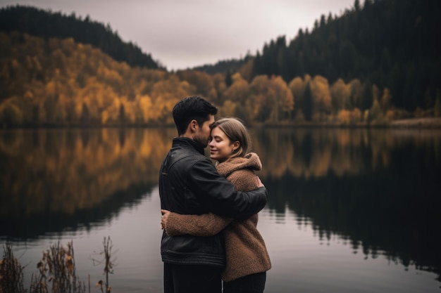 Foto de um casal se abraçando em frente a um lago criado com IA generativa