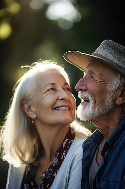 Foto de um casal sênior sorridente aproveitando algum tempo juntos ao ar livre criado com IA generativa