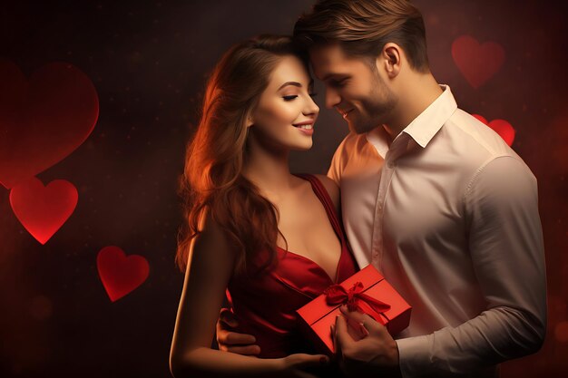 Foto de um casal trocando presentes e sorrindo no Dia dos Namorados