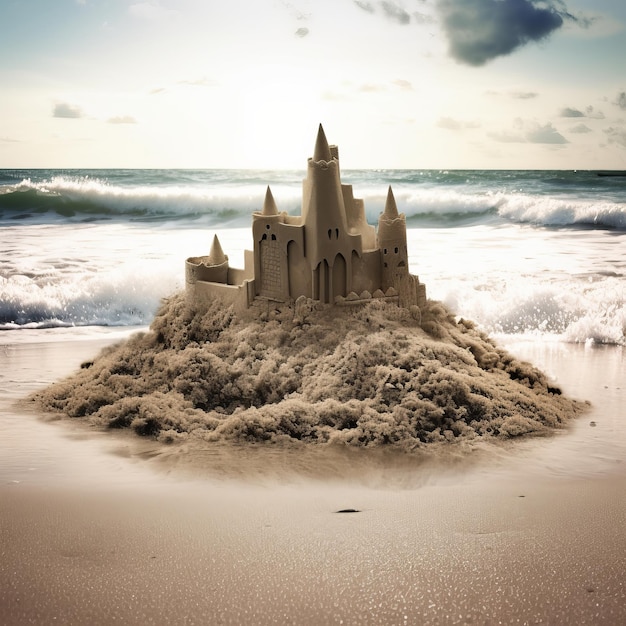 Foto de um castelo de areia em erosão em uma IA geradora de praia