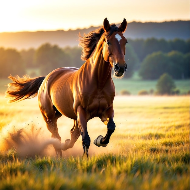 Foto de um cavalo a correr no campo da manhã gerada pela IA