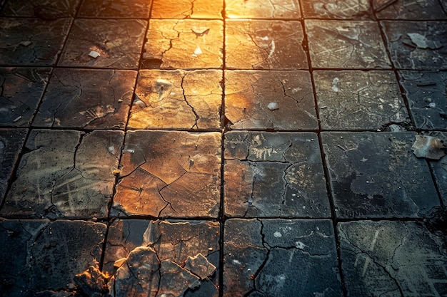 Foto de um chão de azulejos desgastado com rachaduras e detritos espalhados iluminados pela luz solar quente