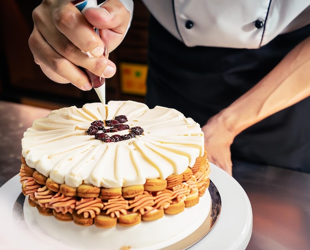 foto de um chef confeiteiro decorando habilmente um bolo lindo e intrincado