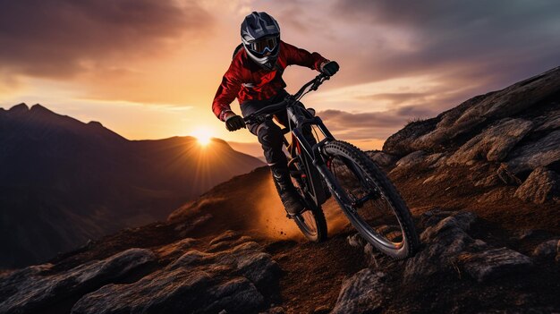 Foto de um ciclista a andar numa estrada de montanha ao pôr-do-sol gerada pela IA