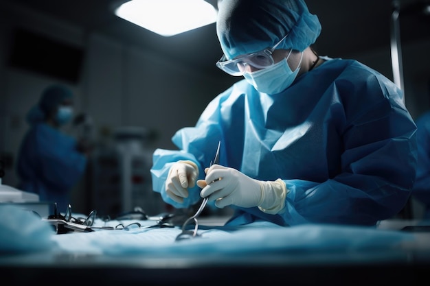 Foto de um cirurgião usando luvas cirúrgicas azuis durante uma performance criada com IA generativa