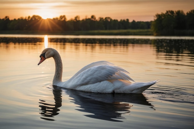 Foto de um cisne gracioso em um lago calmo ao pôr-do-sol