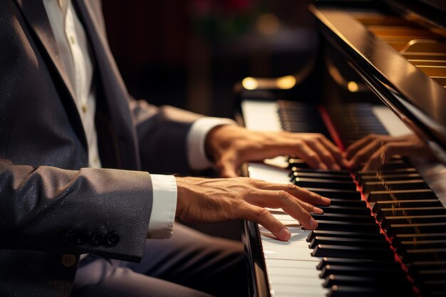 Foto foto de um close-up de mãos de músicos tocando um piano de cauda ia geradora