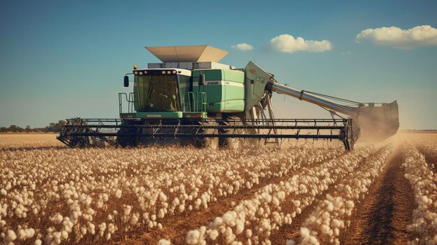 foto de um colhedor de algodão a trabalhar num grande campo de algodões