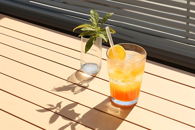 Foto de um copo de suco de laranja com gelo e uma fatia