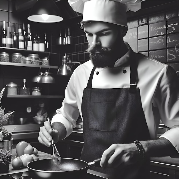 Foto de um cozinheiro vestindo um chapéu de cozinheiro e um avental de cozinha branco e preto