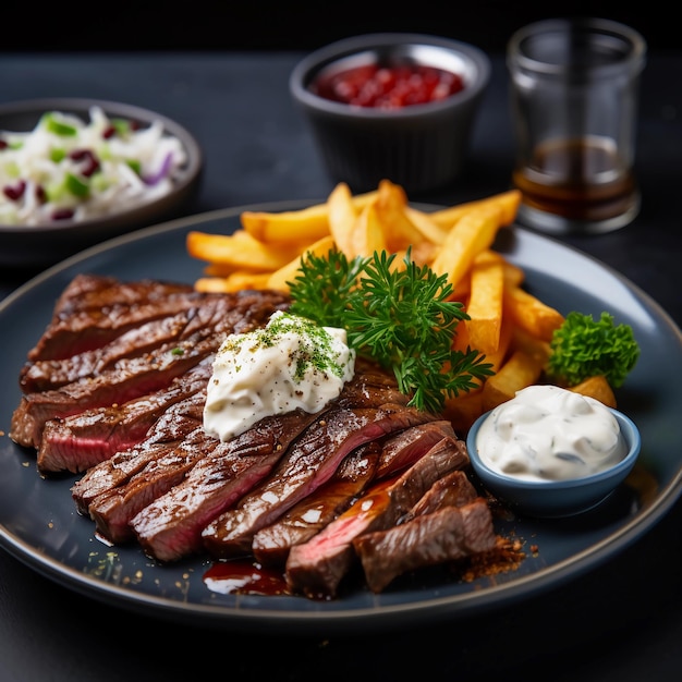 foto de um delicioso bife médio com fritas e creme azedo