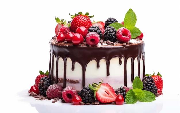 Foto de um delicioso bolo de chocolate e fatias de bolo com cerejas