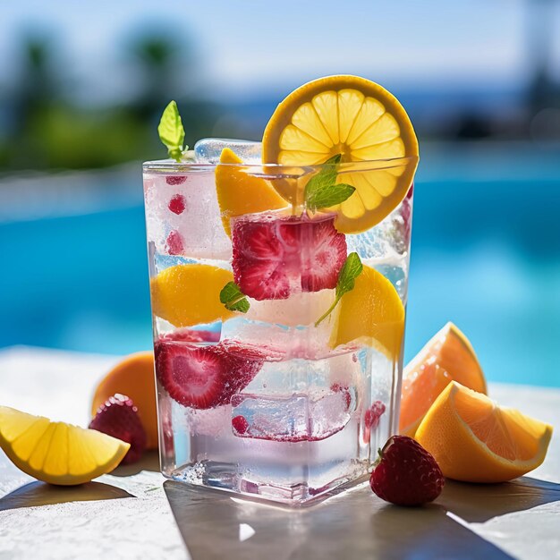 foto de um delicioso e colorido coquetel de verão com suco de cubo de gelo e frutas