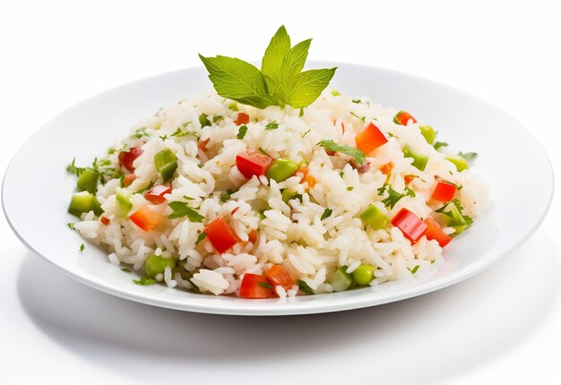 Foto foto de um delicioso prato de arroz vegetal em fundo branco isolado