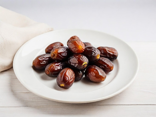 foto de um delicioso prato de tâmaras em uma mesa branca