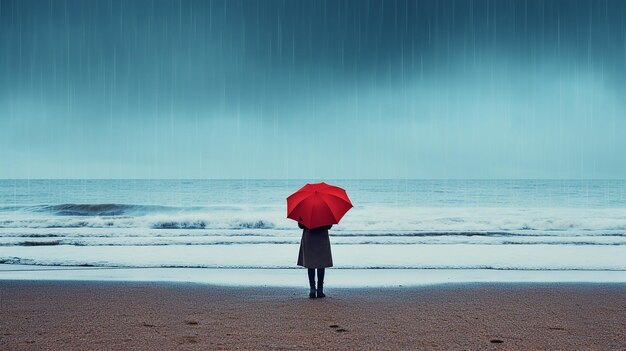 Foto de um dia chuvoso sozinho homem mulher com guarda-chuva atrás do mar ou lago