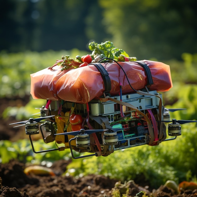 Foto de um drone moderno com quatro rotores carregando um saco de rede cheio de uma mistura de vegetação colorida