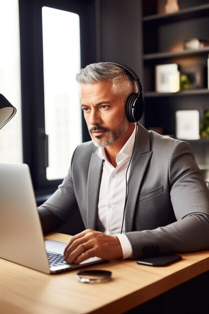 Foto de um empresário bonito usando fones de ouvido e trabalhando em seu laptop em seu escritório