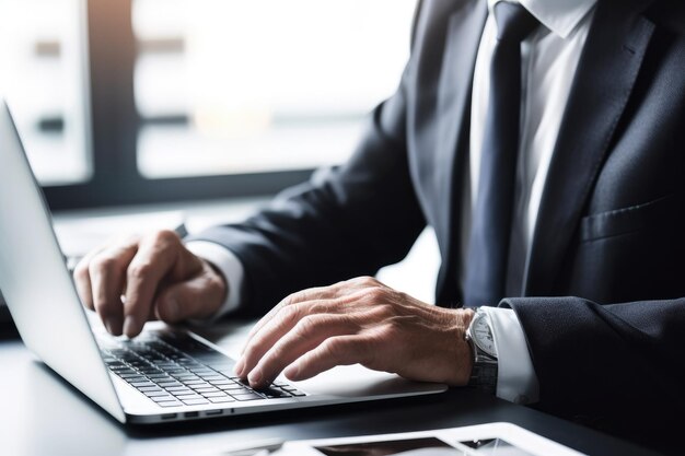 Foto de um empresário irreconhecível usando um laptop no trabalho criado com IA generativa