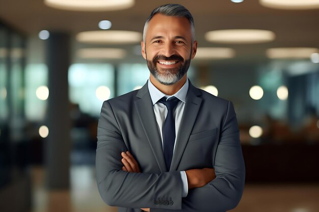 Foto de um empresário sorridente posando em um ambiente fechado com os braços cruzados e espaço para texto