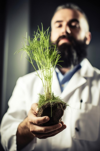 Foto de um engenheiro segurando uma planta crescendo em solo criado com IA generativa