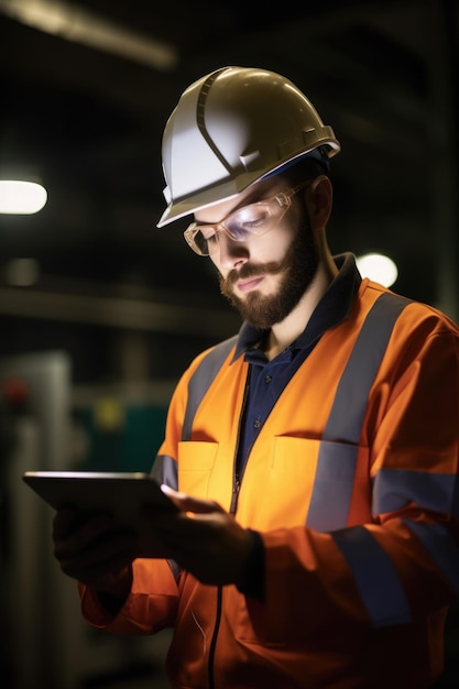 Foto de um engenheiro trabalhando em um tablet digital no trabalho criado com IA generativa