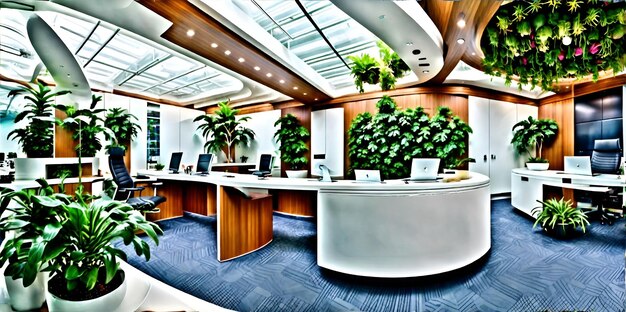 Foto de um escritório cheio de vegetação exuberante e abundância de plantas