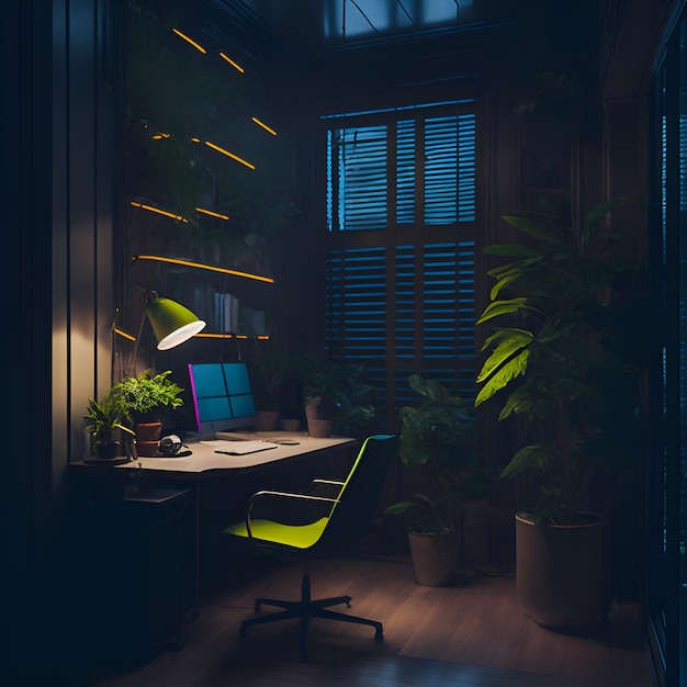 Foto de um espaço de trabalho minimalista com mesa e cadeira em uma sala com pouca iluminação