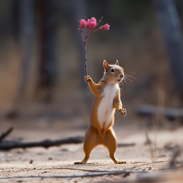 Foto de um esquilo com uma flor na mão