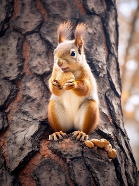 Foto de um esquilo comendo nozes em uma árvore