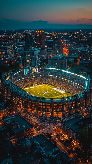 Foto de um estádio de futebol à noite O estádio foi feito em 3D sem usar referências existentes