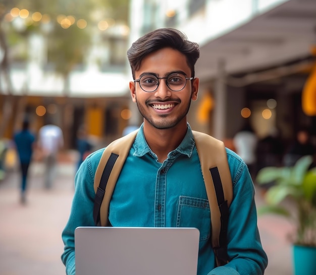 Foto foto de um estudante indiano segurando um laptop em sua mão