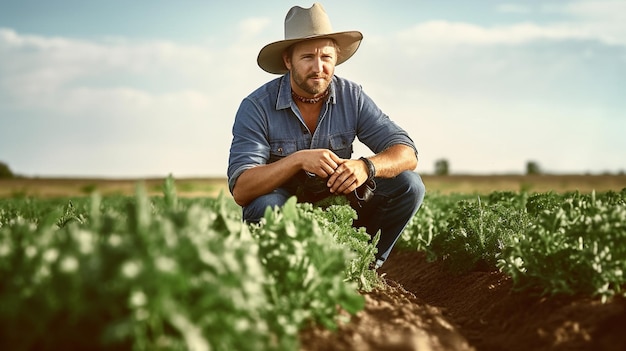 Foto de um fazendeiro feliz em sua fazenda agrícola com fundo isolado da agricultura