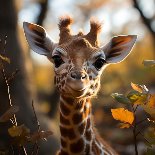 Foto de um filhote de girafa pegando folhas IA generativa