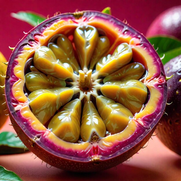 Foto de um fruto de paixão fresco isolado em fundo de papel