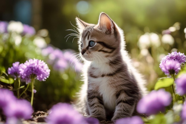 foto de um gatinho fofo bebê em um jardim de flores