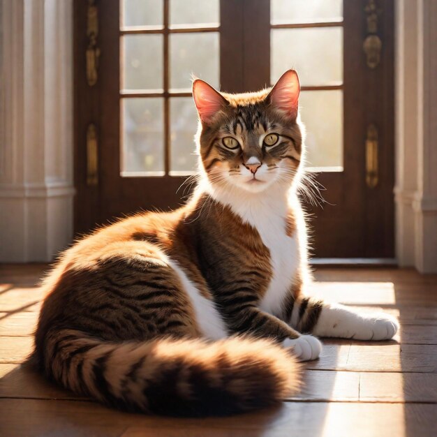 Foto de um gato bonito sentado no peitoril da janela