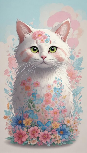 Foto de um gato com flores gerada por Ai