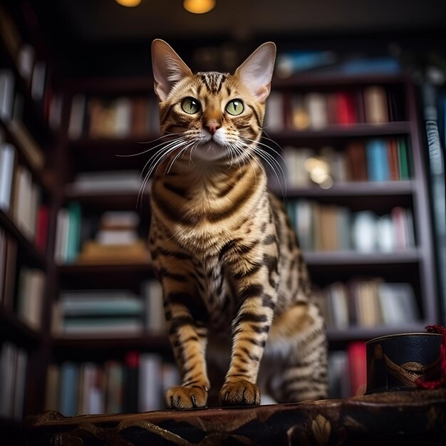 foto de um gato com livros de fundo