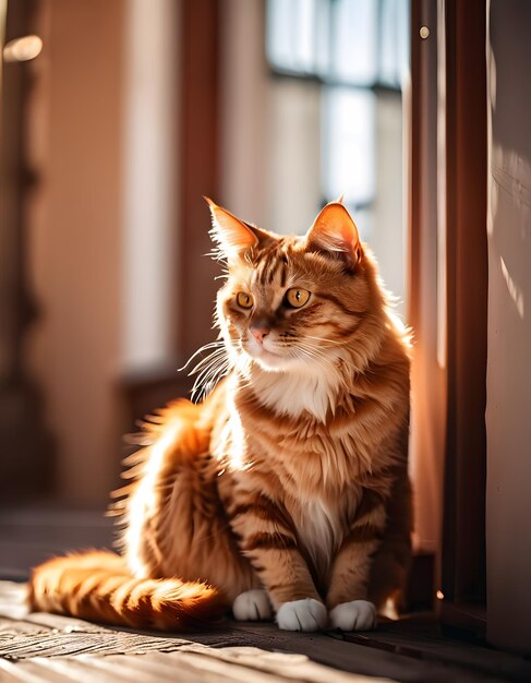 Foto de um gato fofo tomando sol no chão de uma casa