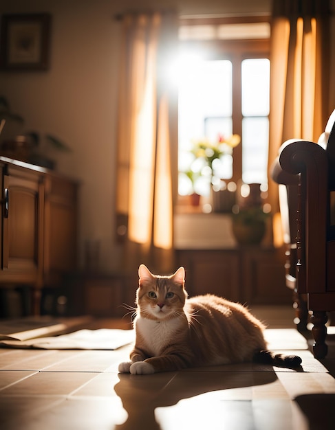 Foto de um gato fofo tomando sol no chão de uma casa