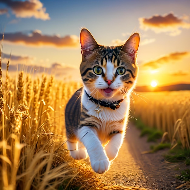 Foto de um gato muito bonito correndo em um campo de trigo dourado