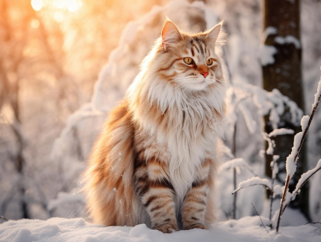 Foto de um gato siberiano andando em uma floresta de neve